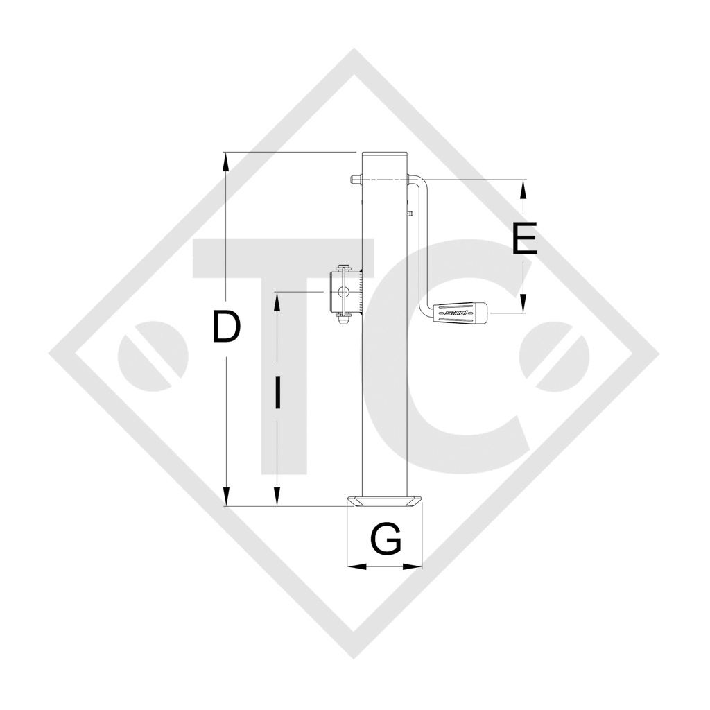 Piedino di stazionamento □70mm quadro con manovella laterale, tipo DG 590, per macchine e rimorchi agricoli, macchine per l’edilizia, per la manutenzione stradale e l’innevamento