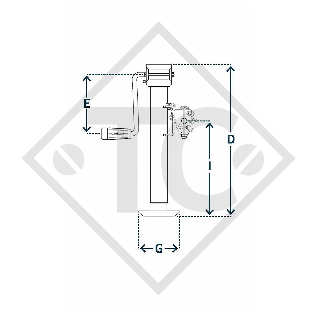 Piedino di stazionamento ⌀51mm, con manovella laterale e con riduttore, due velocità, tipo LT 2103W, zincatura galvanica, per macchine e rimorchi agricoli, macchine per l’edilizia, per la manutenzione stradale e l’innevamento