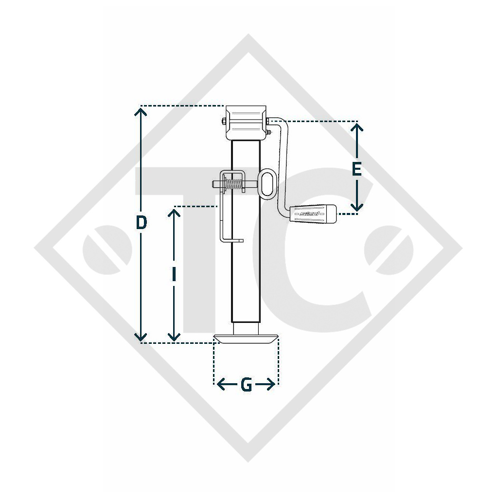 Béquille basculable de côté ø51mm rond avec manivelle latérale, avec support, type LF 2101, zingué, pour machines et remorques agricoles, machines pour l'industrie du bâtiment, équipements pour l’entretien routier et l’enneigement