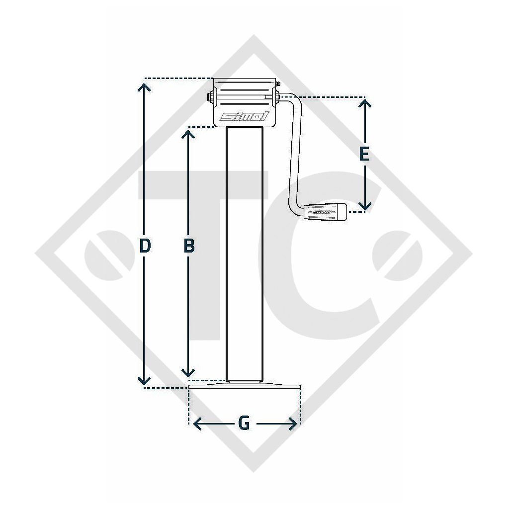 Steday leg □70mm square with side crank, with reduction unit, type DG 701, for agricultural machines and trailers, machines for building industry, implements for road maintenance and snow