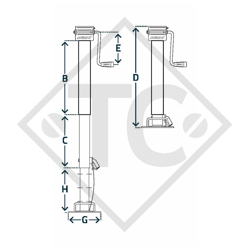 Steday leg □90mm square with side crank, with reduction unit, three-stage, type DG 487/3SF, for agricultural machines and trailers, machines for building industry, implements for road maintenance and snow