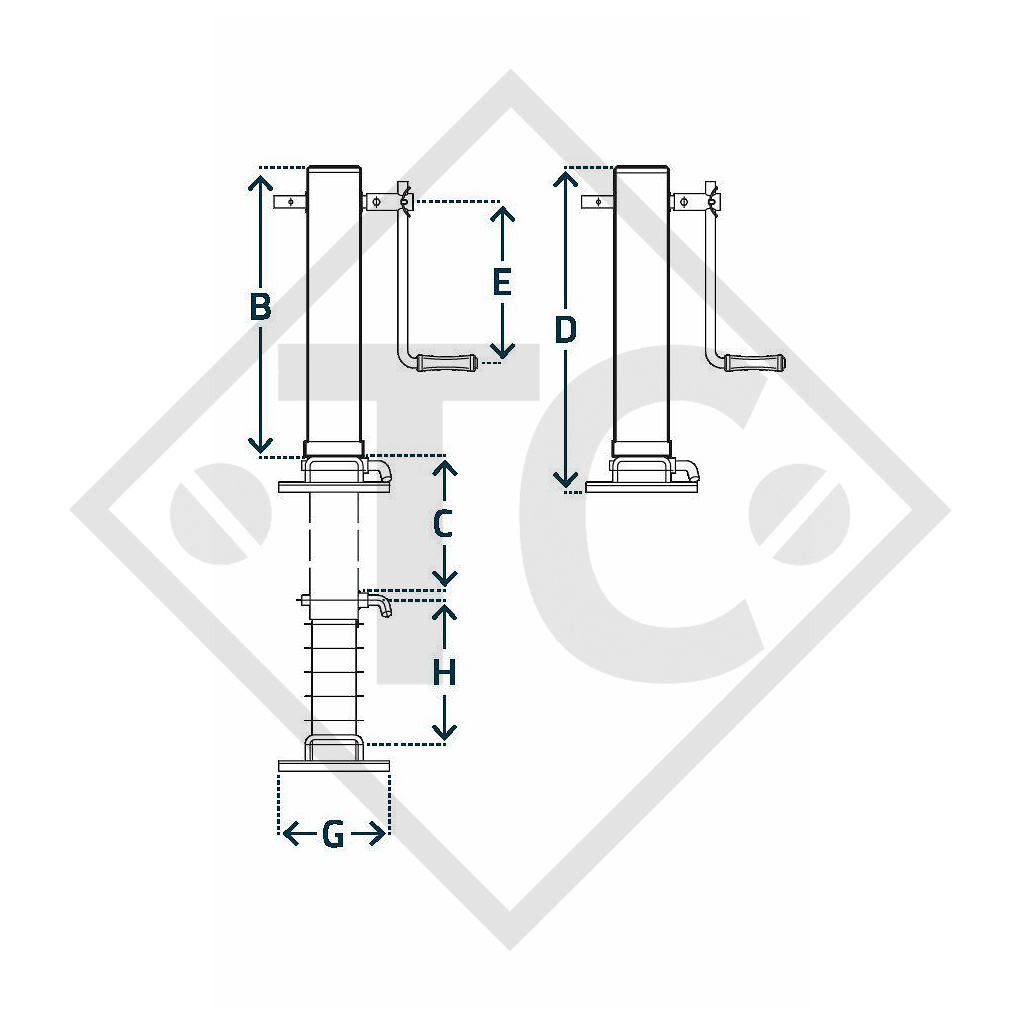 Steday leg □110mm square with side crank, with reduction unit, three-stage, type K 450, for agricultural machines and trailers, machines for building industry, implements for road maintenance and snow