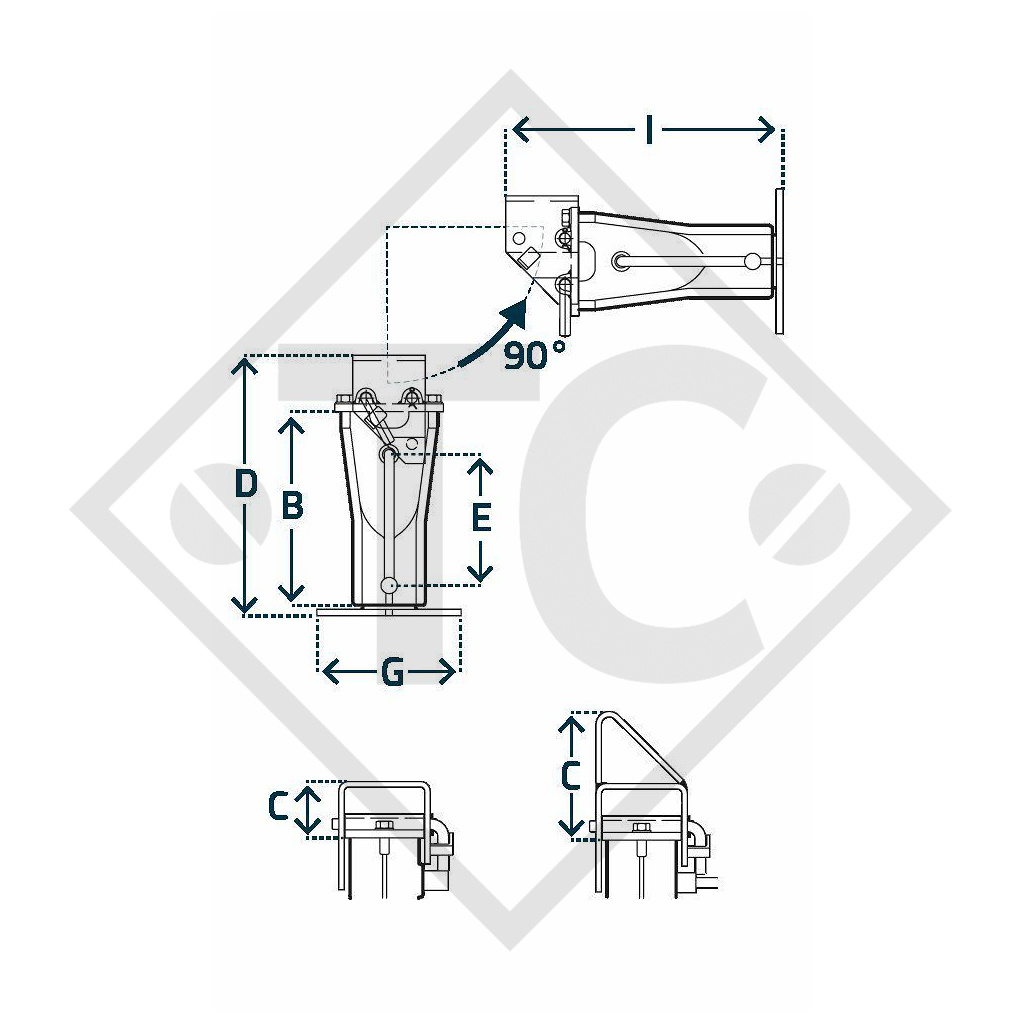 Steday leg □70mm square with tipping connection, type DN 511S, for agricultural machines and trailers, machines for building industry, implements for road maintenance and snow