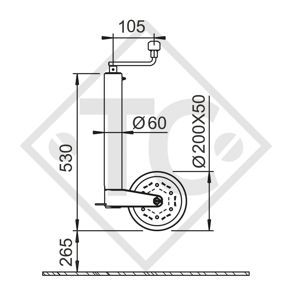 Jockey wheel ø60mm round with support shoe rigid, crank 105mm, for caravans, car trailers, machines for building industry