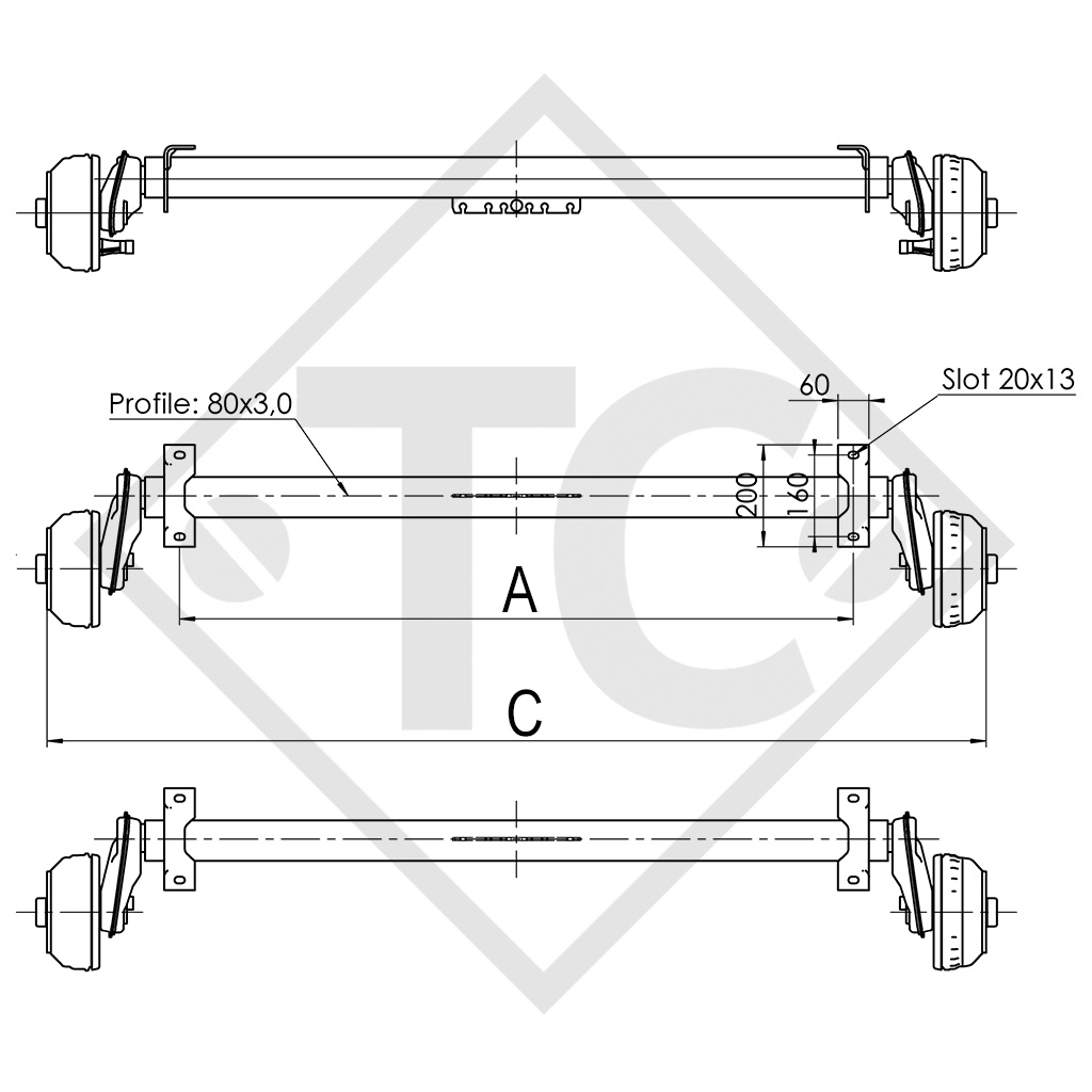 Braked tandem axle 1800kg EURO COMPACT axle type 2x B 850-10, Mecanorem