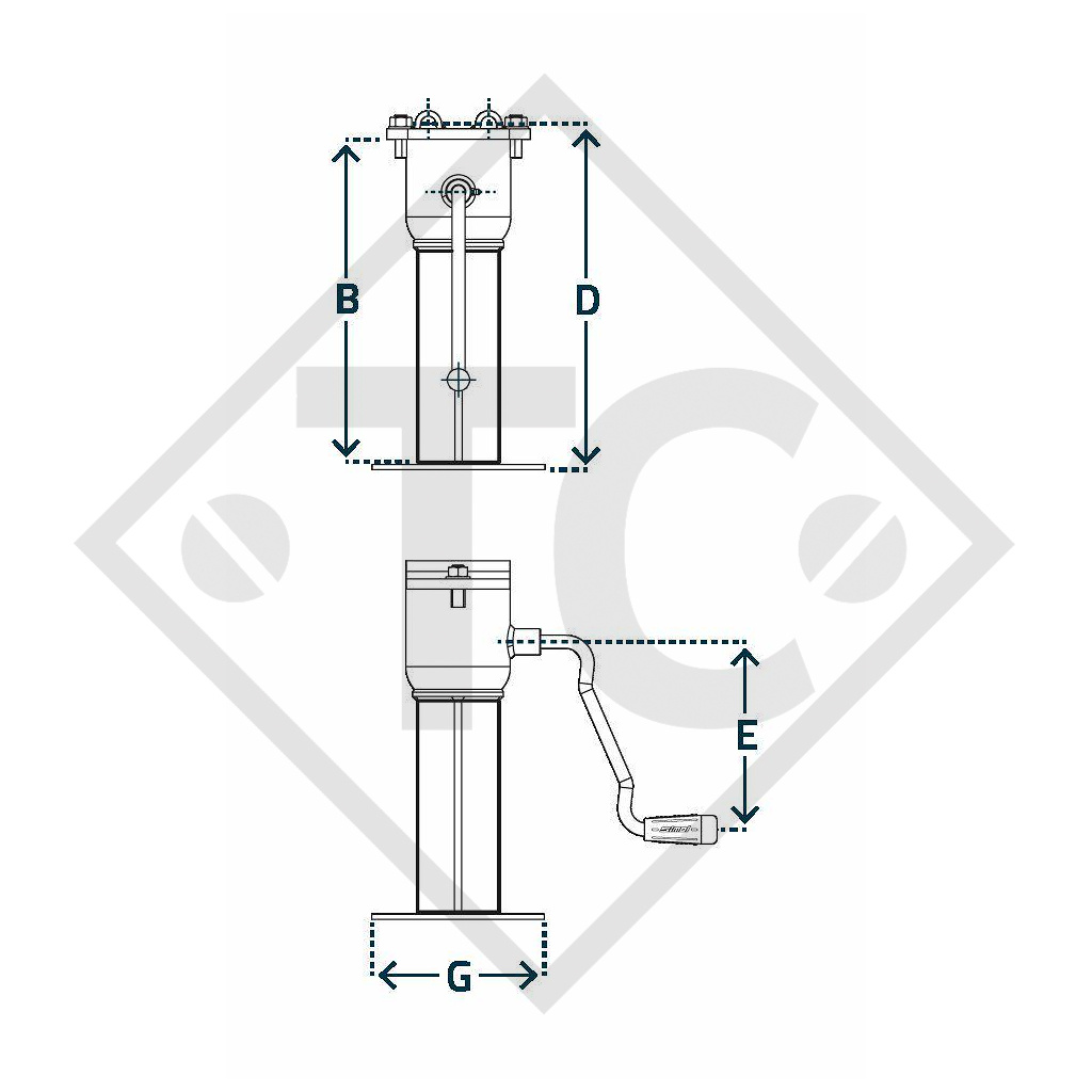 Steday leg □70mm square with tipping connection, type DN 712SA, for agricultural machines and trailers, machines for building industry, implements for road maintenance and snow