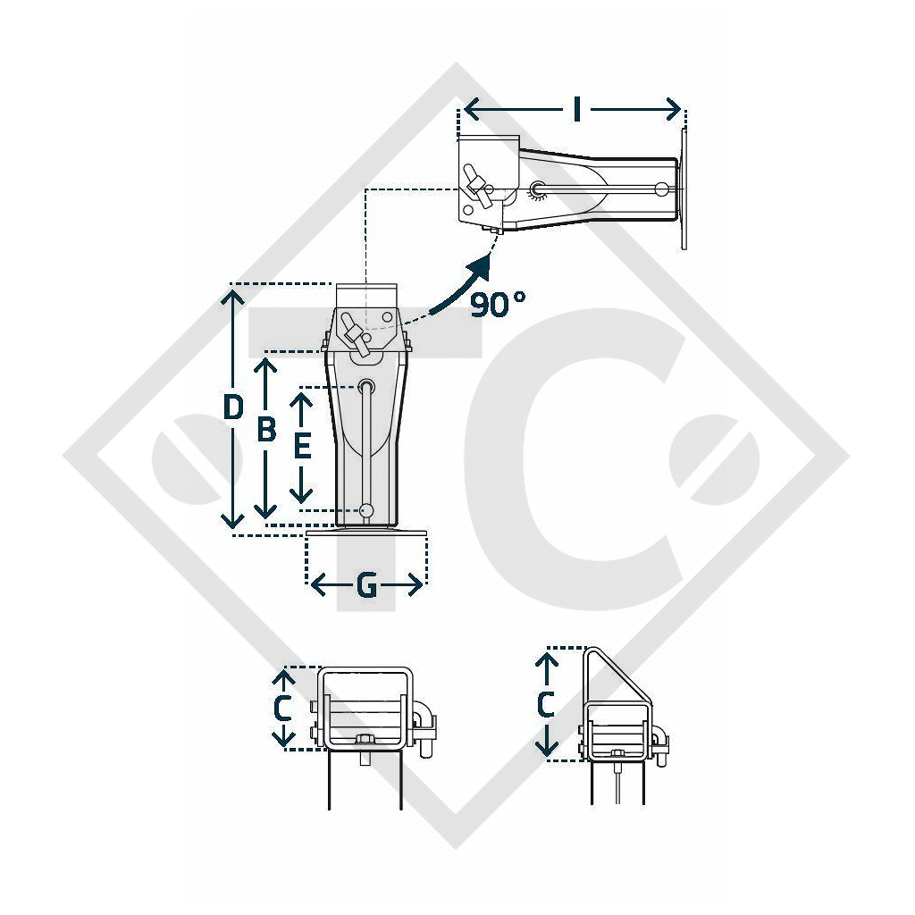 Steday leg □70mm square with tipping connection, type DS 510S, for agricultural machines and trailers, machines for building industry, implements for road maintenance and snow