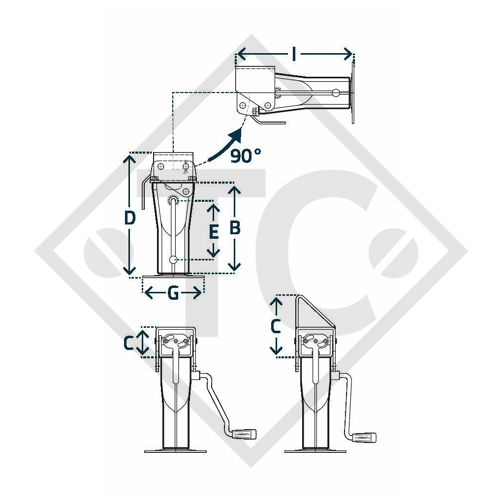 Béquille □70mm carré avec fixation basculante, blocage automatique de securité, type DS 610AS, pour machines et remorques agricoles, machines pour l'industrie du bâtiment, équipements pour l’entretien routier et l’enneigement