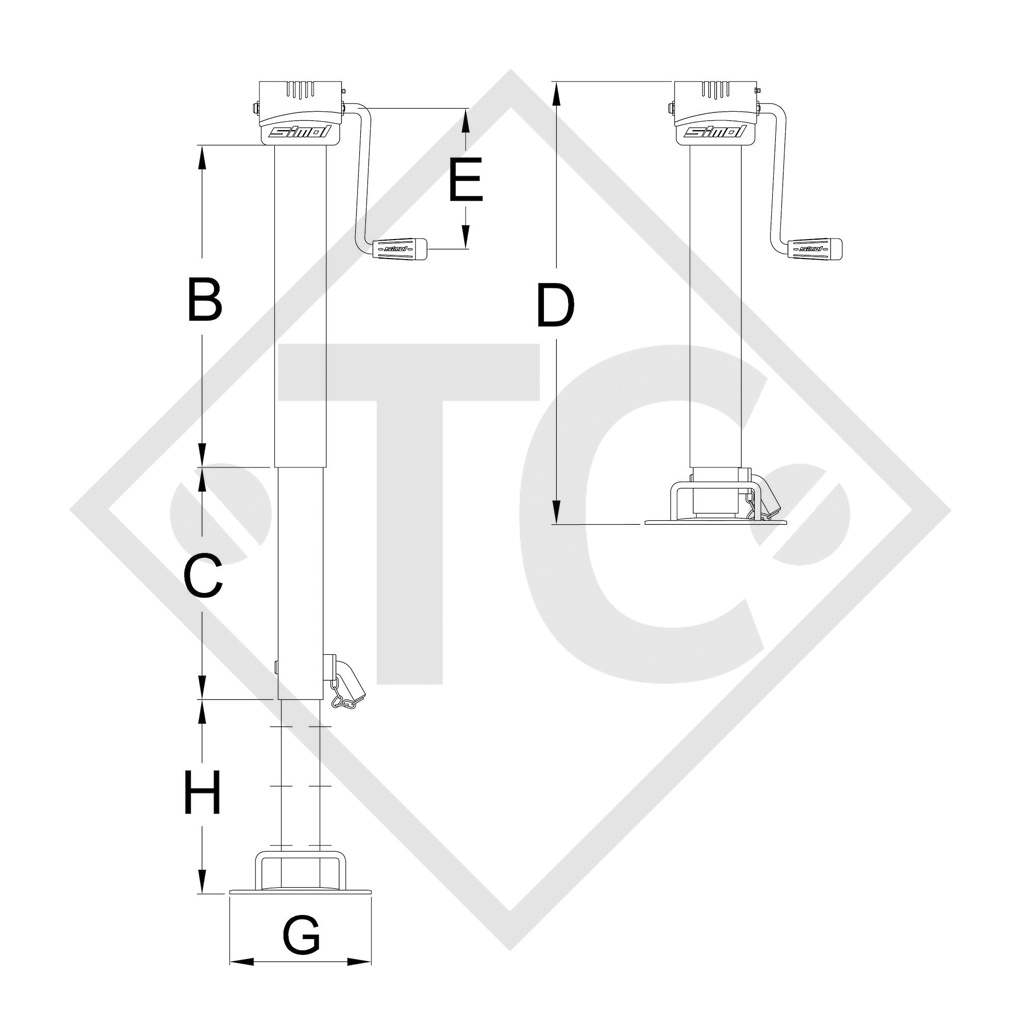 Steday leg certified □80mm square, double speed, integrated drop leg safety system, type QDG 706/3SFW (QDG706XW), for agricultural machines and trailers, machines for building industry, implements for road maintenance and snow