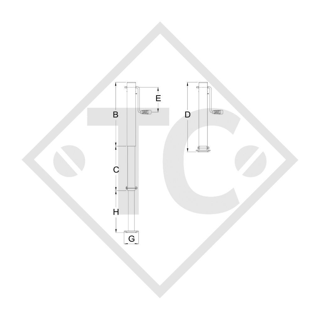 Piedino di stazionamento □70mm quadro, manovella in alto, due velocità, a 3 sfilate, tipo DG 600/3SFW, zincatura galvanica, per macchine e rimorchi agricoli, macchine per l’edilizia, per la manutenzione stradale e l’innevamento