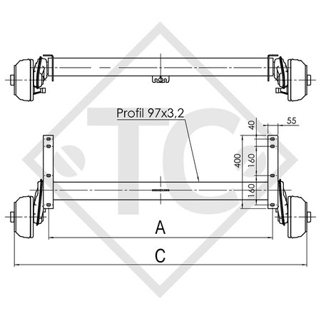 Braked axle 1000kg EURO Compact axle type B 1000-3
