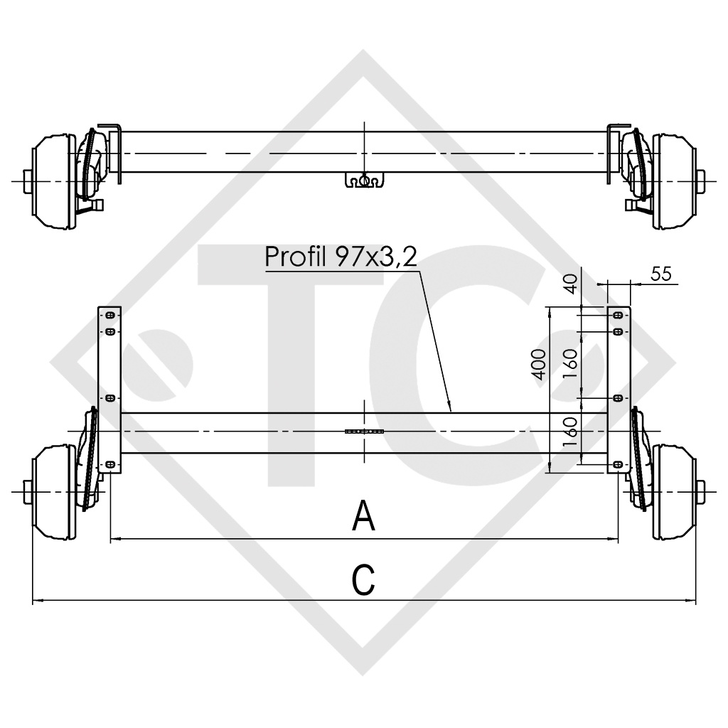 Assale frenato 1000kg EURO Compact tipo di assale B 1000-3