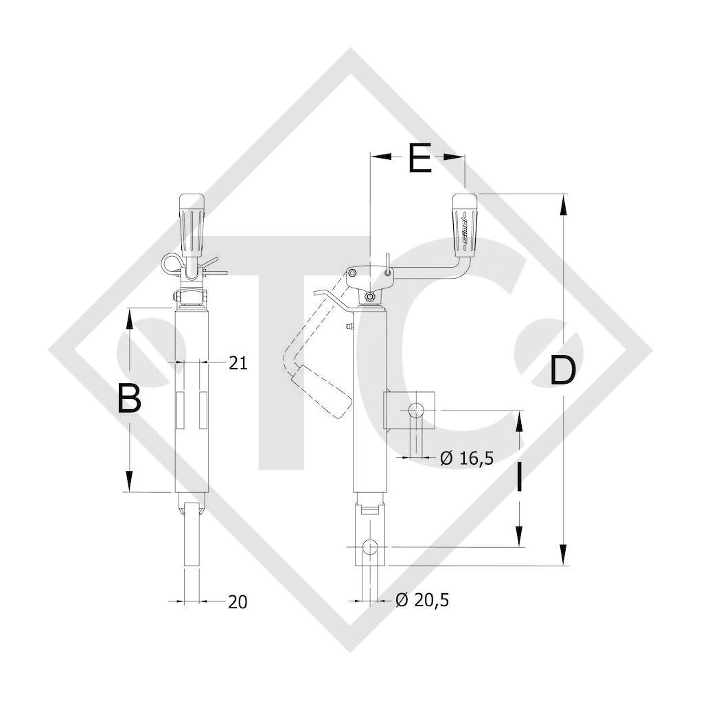 Spindelwinde □45mm vierkant für Höhenverstellung der Zugdeichsel, Typ P 521S/33, für landwirtschaftliche Maschinen und Anhänger, Maschinen für Bauindustrie, Straßeninstandsetzung- und Schneeräumungsmaschinen