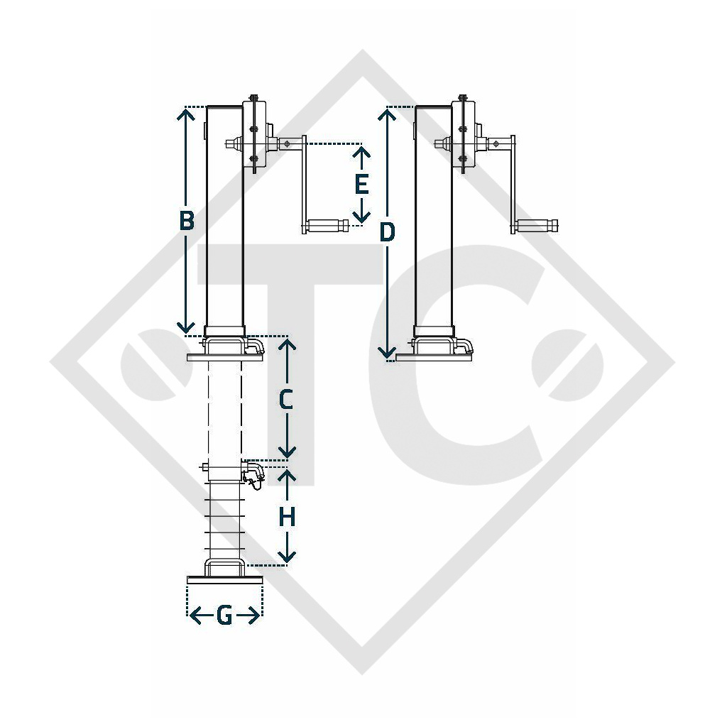 Stützwinde □110mm vierkant, dreistufig, zweigängig, Typ KRA 750FL, mit Flansch, für landwirtschaftliche Maschinen und Anhänger, Maschinen für Bauindustrie, Straßeninstandsetzung- und Schneeräumungsmaschinen