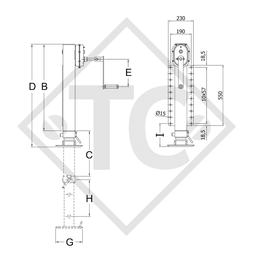 Stützwinde □110mm vierkant, dreistufig, Untersetzungsgetriebe, zweigängig, Typ KRA 850FL/N, mit Flansch, KTL beschichtet, für landwirtschaftliche Maschinen und Anhänger, Maschinen für Bauindustrie, Straßeninstandsetzung- und Schneeräumungsmaschinen