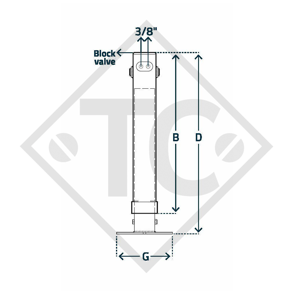 Piedino di stazionamento frenatura ad aria □90mm quadro, a doppio effetto, con singola valvola di blocco, tipo H 970, per macchine e rimorchi agricoli, macchine per l’edilizia, per la manutenzione stradale e l’innevamento