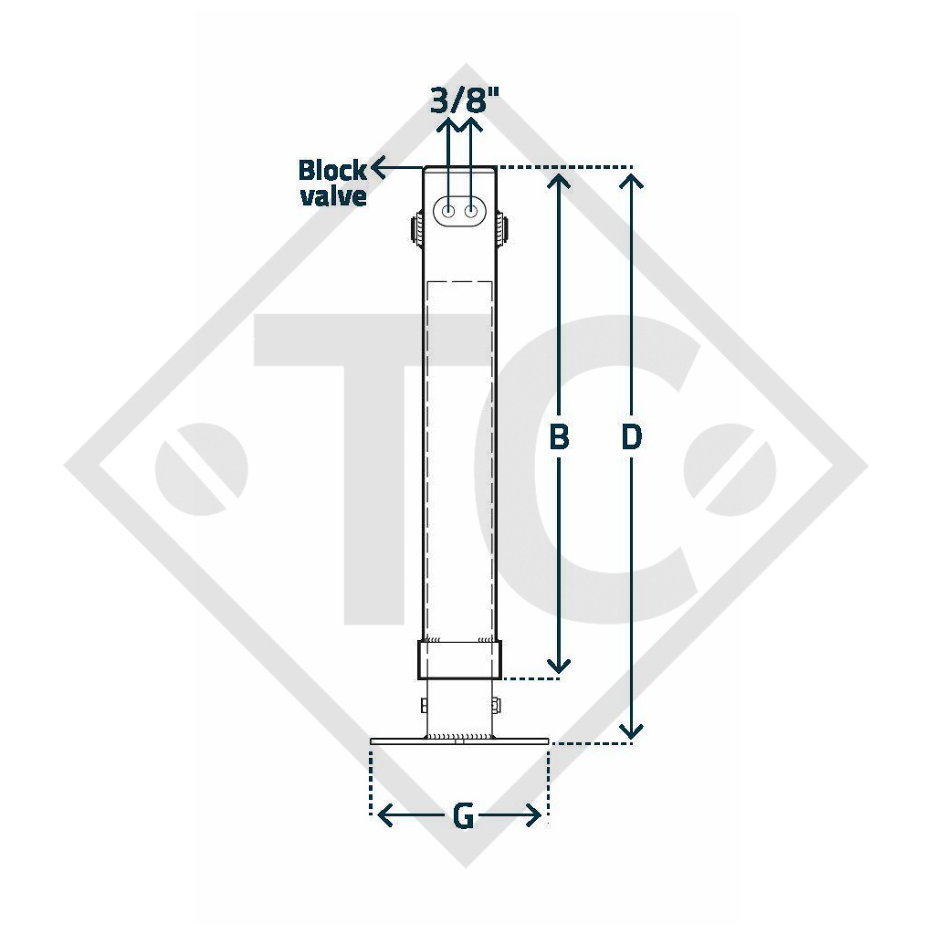 Hydraulic steday leg □100mm square, double acting, with single block valve, type H 1060, for agricultural machines and trailers, machines for building industry, implements for road maintenance and snow