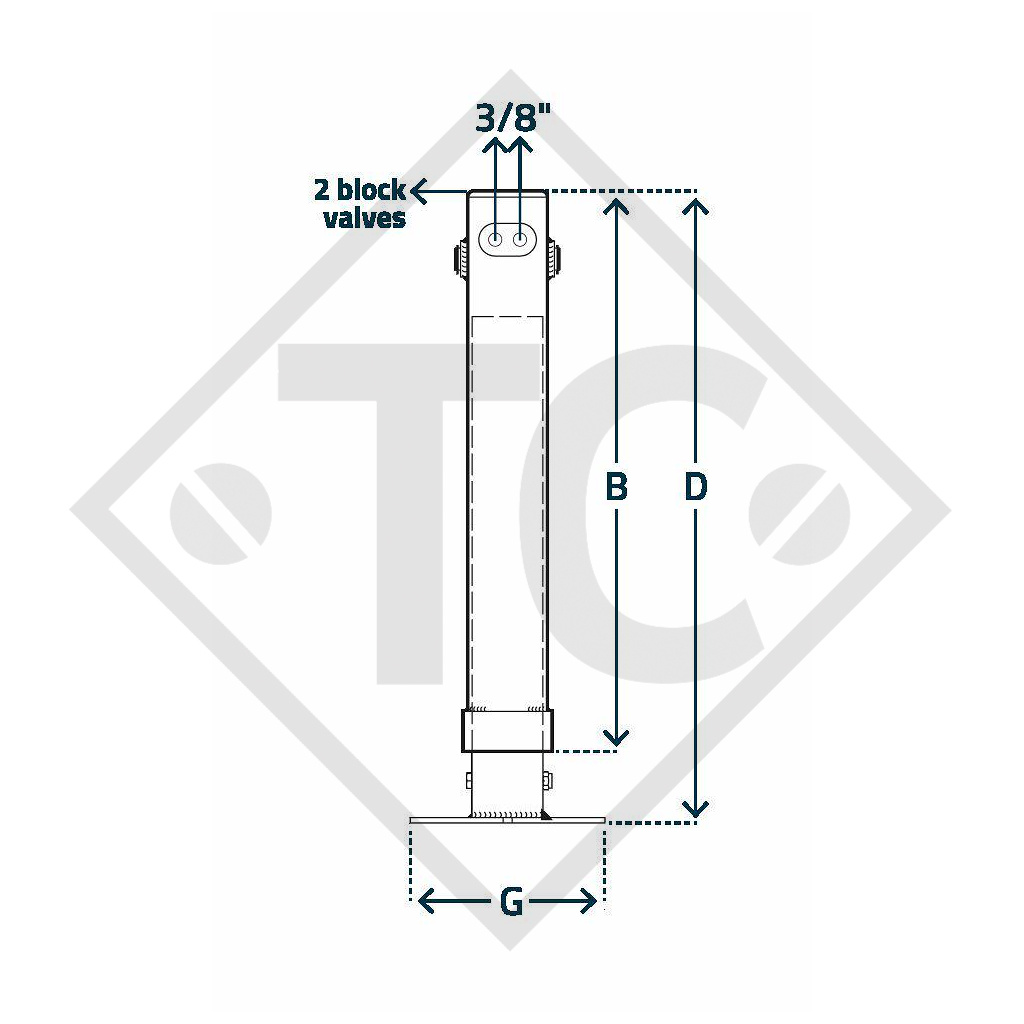 Hydraulic steday leg □100mm square, double acting, with two block valves type H 1052, for agricultural machines and trailers, machines for building industry, implements for road maintenance and snow