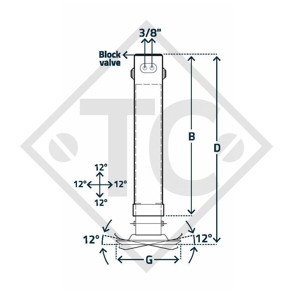 Hydraulic steday leg □110mm square, double acting, with single block valve, skidfoot type H 1140P, for agricultural machines and trailers, machines for building industry, implements for road maintenance and snow