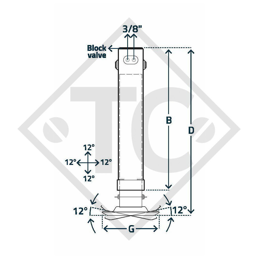 Piedino di stazionamento frenatura ad aria □110mm quadro, a doppio effetto, con singola valvola di blocco, base basculante tipo H 1150P, per macchine e rimorchi agricoli, macchine per l’edilizia, per la manutenzione stradale e l’innevamento