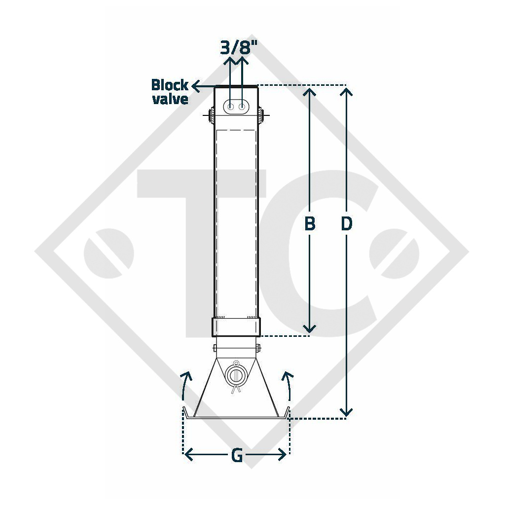 Hydraulic steday leg □100mm square, double acting, with single block valve, skidfoot type H 1140B, for agricultural machines and trailers, machines for building industry, implements for road maintenance and snow