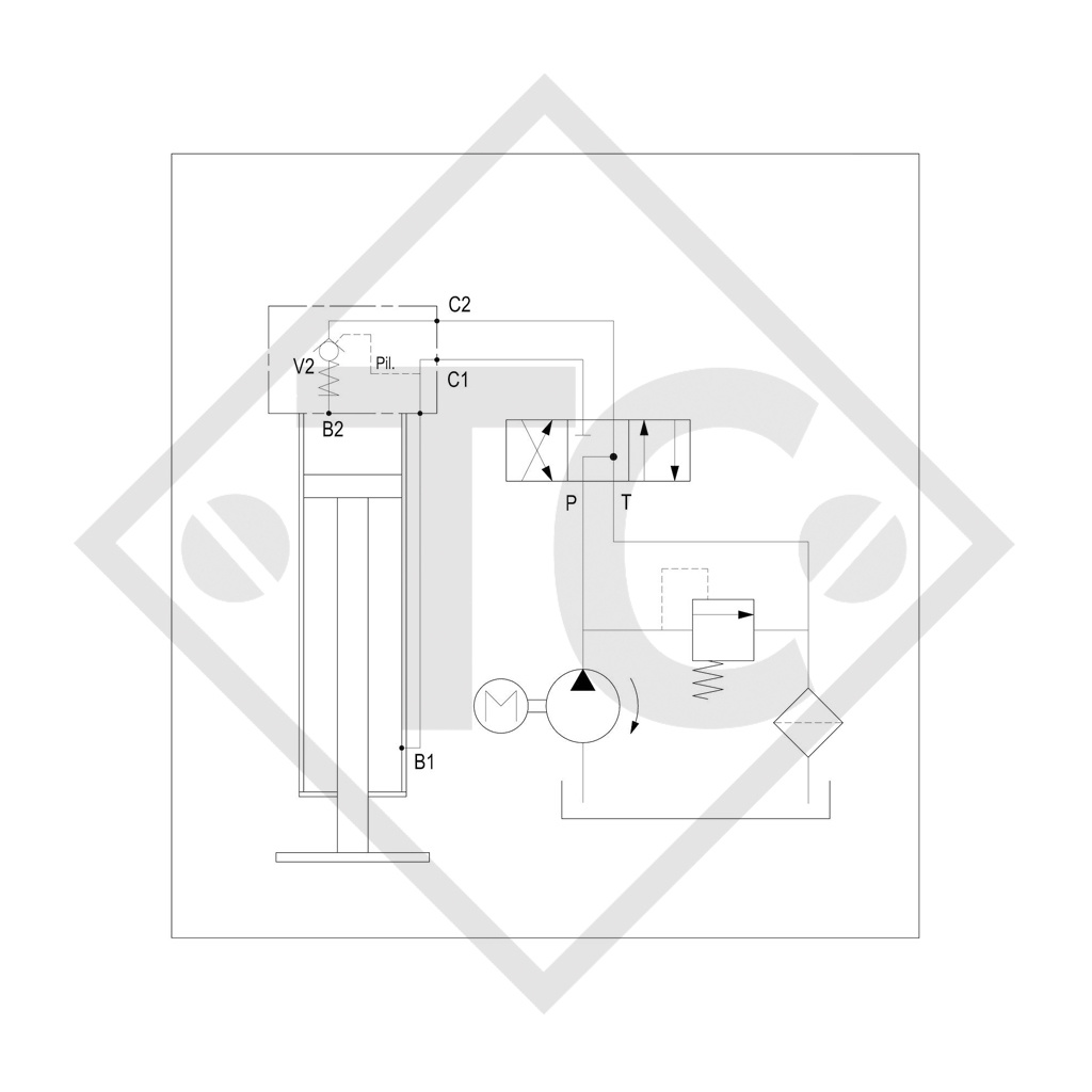 Piedino di stazionamento frenatura ad aria □100mm quadro, a doppio effetto, con singola valvola di blocco, base basculante tipo H 1140B, per macchine e rimorchi agricoli, macchine per l’edilizia, per la manutenzione stradale e l’innevamento