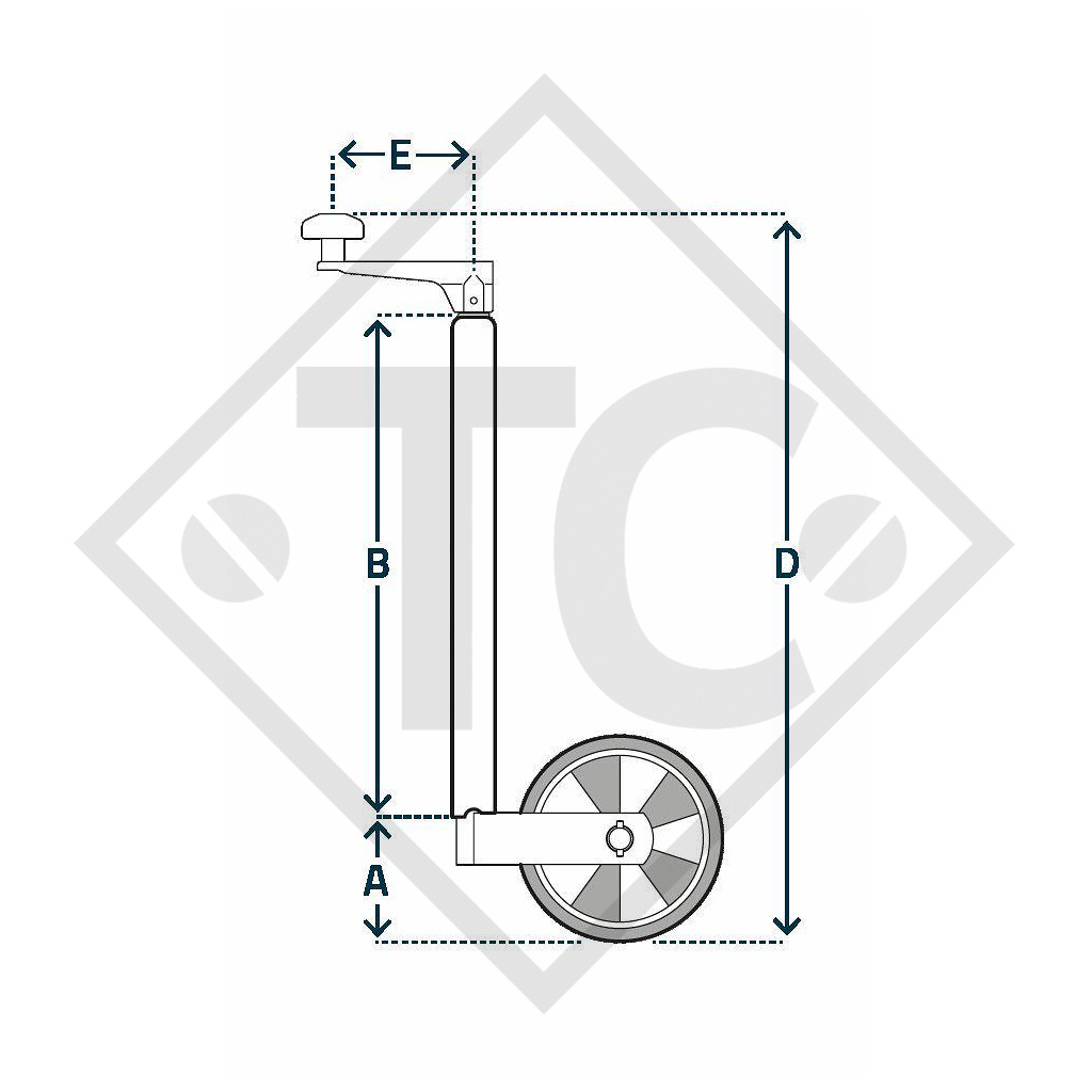 Ruotino d'appoggio ø35mm tondo, tipo FC 342 con cerchione acciaio, per caravan, rimorchi auto, macchine per l'edilizia e aircraft docking systems