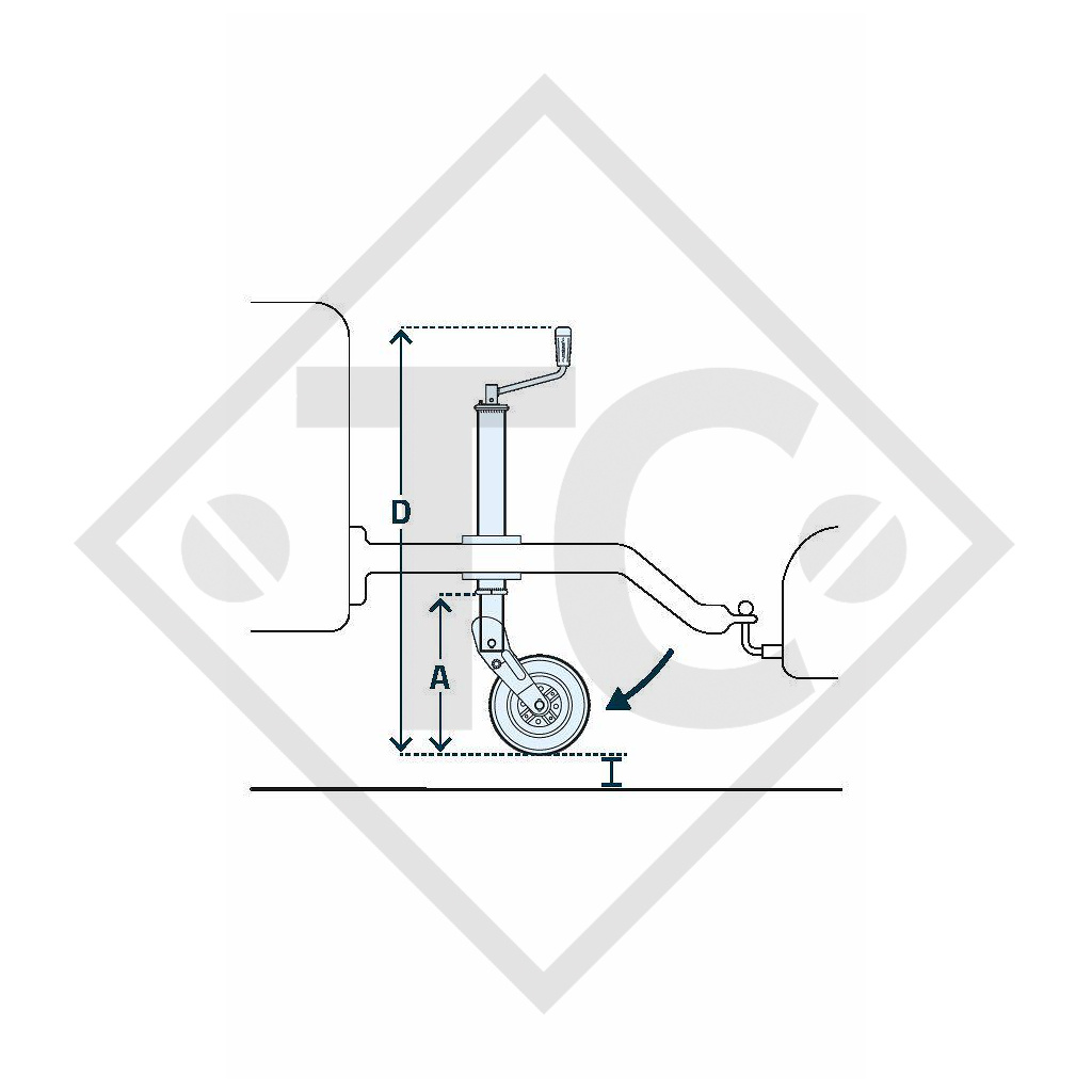 Ruotino d'appoggio ø60mm tondo, tipo AC 296S con cerchione acciaio, per caravan, rimorchi auto, macchine per l'edilizia e aircraft docking systems