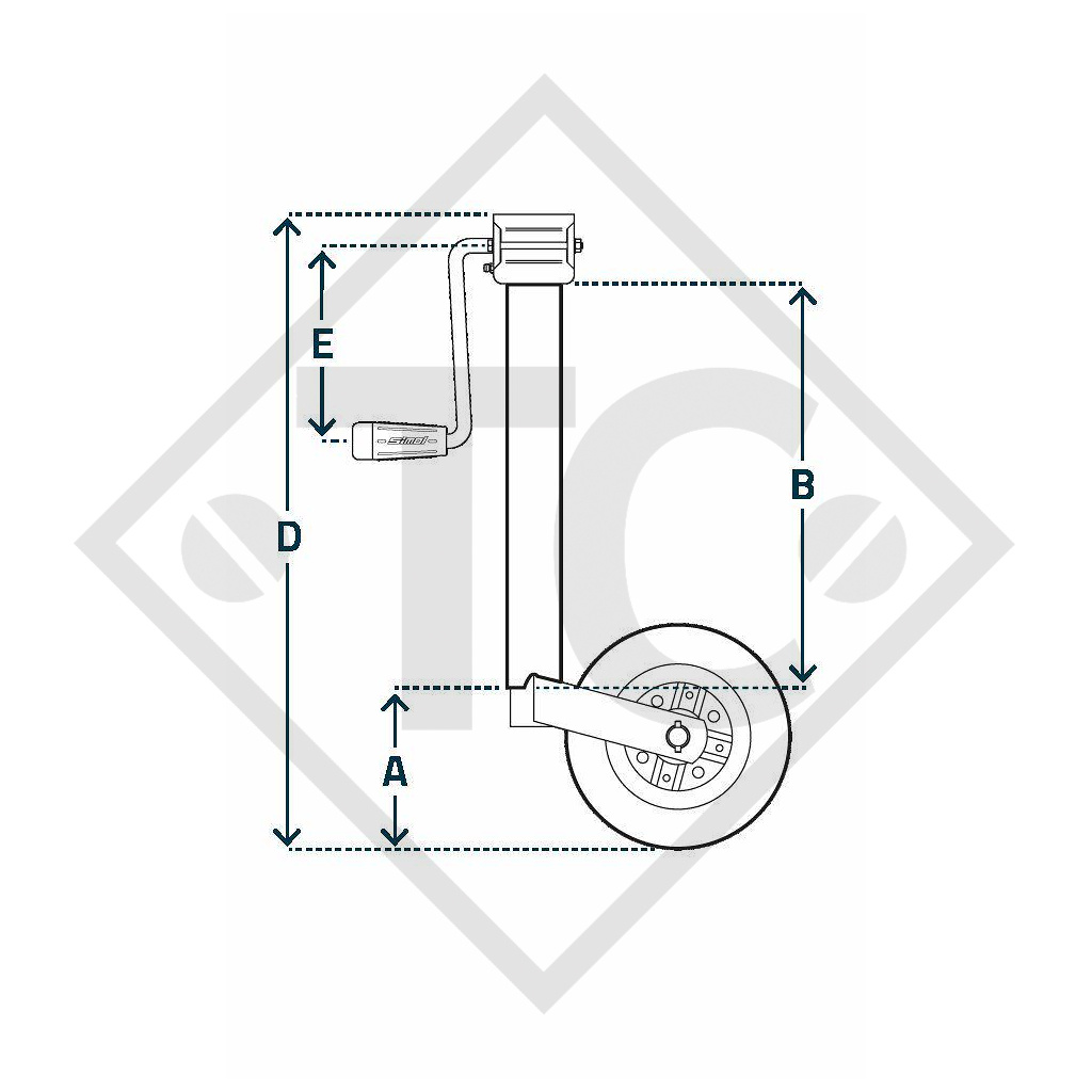 Roue jockey ø48mm rond, type LC 242 avec jante acier, pour caravanes, remorques-auto, machines pour l'industrie du bâtiment, docks et escabeaux pour avion