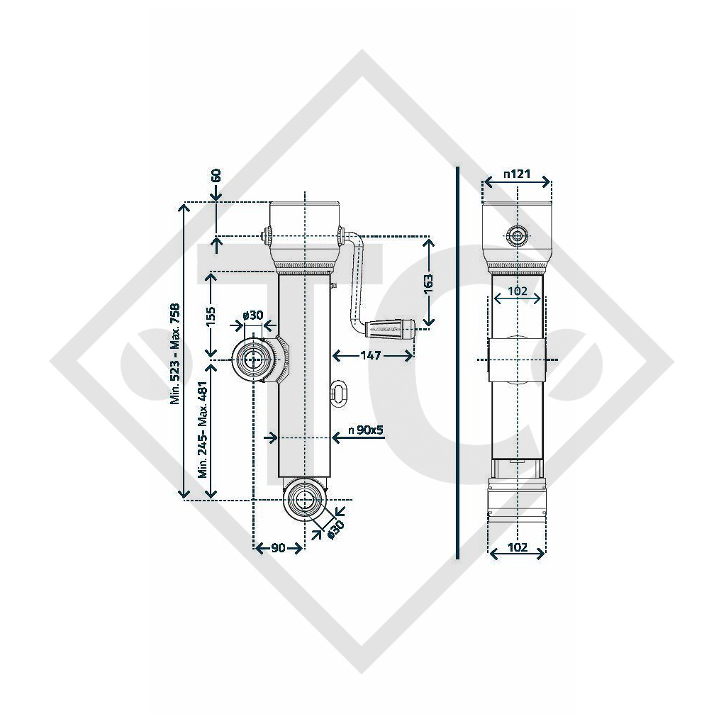 Vérin pour réglage ø102mm rond pour le réglage en hauteur du bras d'attelage, type DG 831Z/2