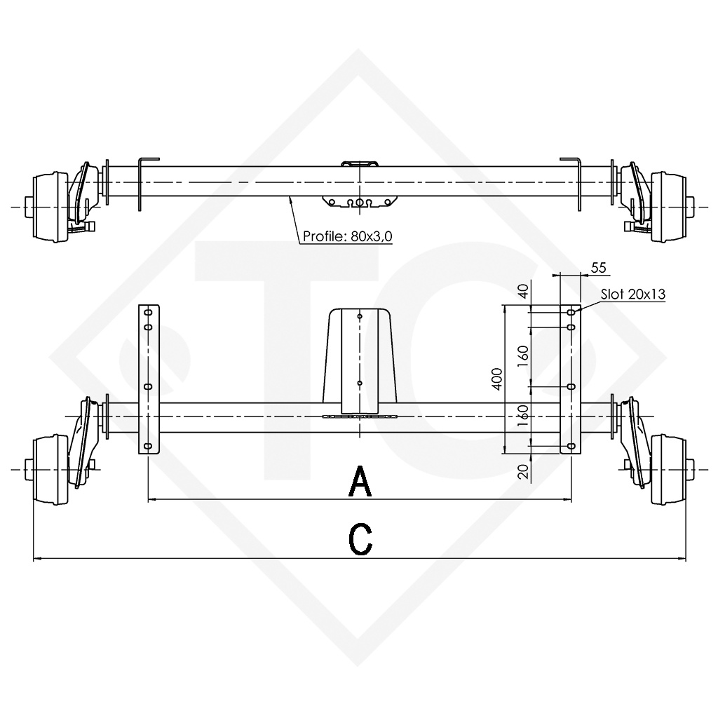 Eje con freno 850kg EURO COMPACT tipo de eje B 850-2