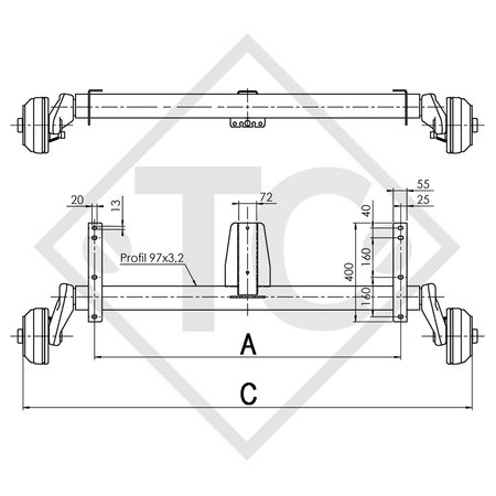 Braked axle 1300kg EURO1 axle type B 1200-5, Hymer Troll ERIBA 530 540 550