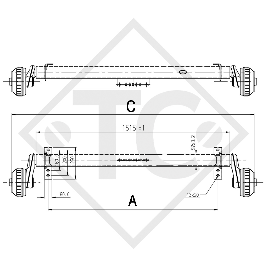 Braked axle 1350kg EURO1 axle type B 1200-5