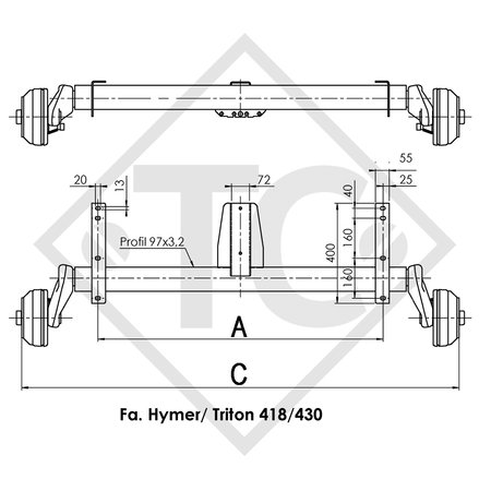 Braked axle 1200kg EURO1 axle type B 1200-3 with top hat profile 72mm, Eriba Hymer