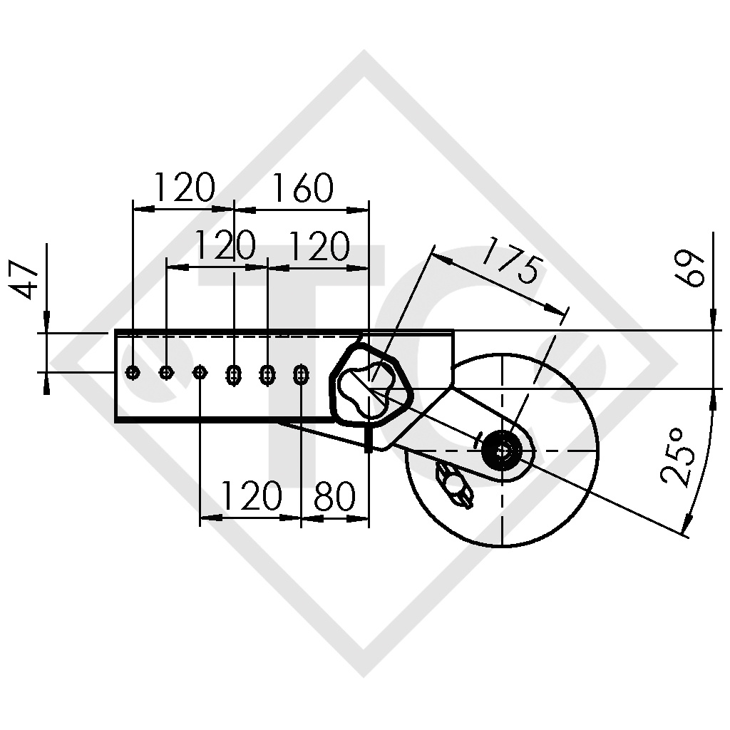 Braked axle 1200kg EURO1 axle type B 1200-3 with top hat profile 72mm, Eriba Hymer