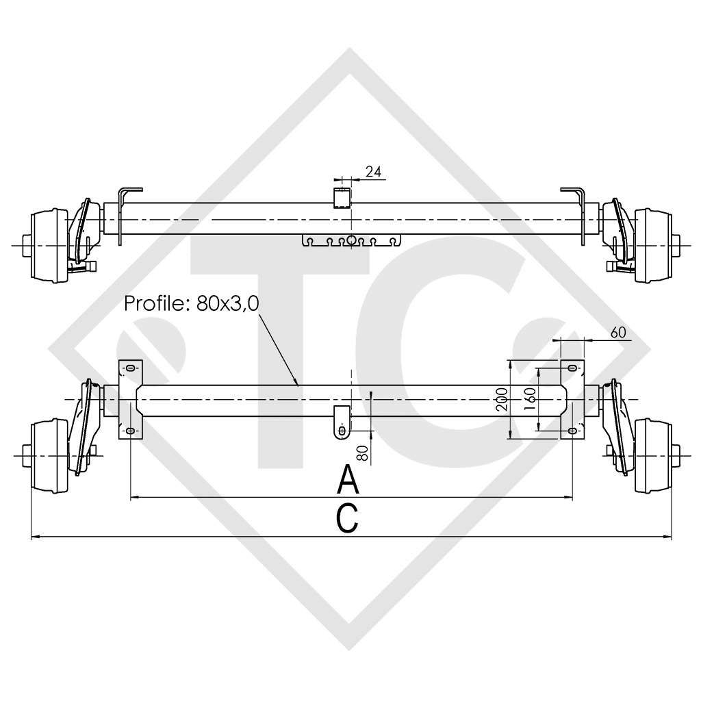 Essieu EURO COMPACT 1000kg freiné type d'essieu B 850-10, 1323507A Brenderup / Thule / Humer