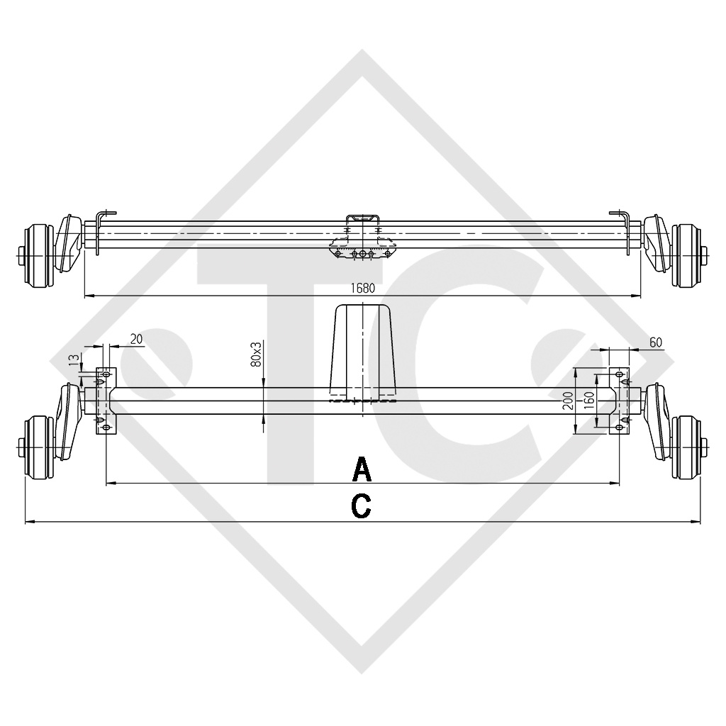 Assale anteriore tandem frenato 800kg Euro-Compact tipo di assale B 850-3 con profilo 90mm