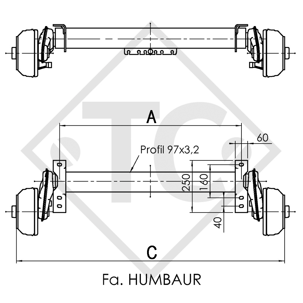 2x Essieu freiné COMPACT tandem 2600kg, HUMBAUR type d'essieu B 1200-5