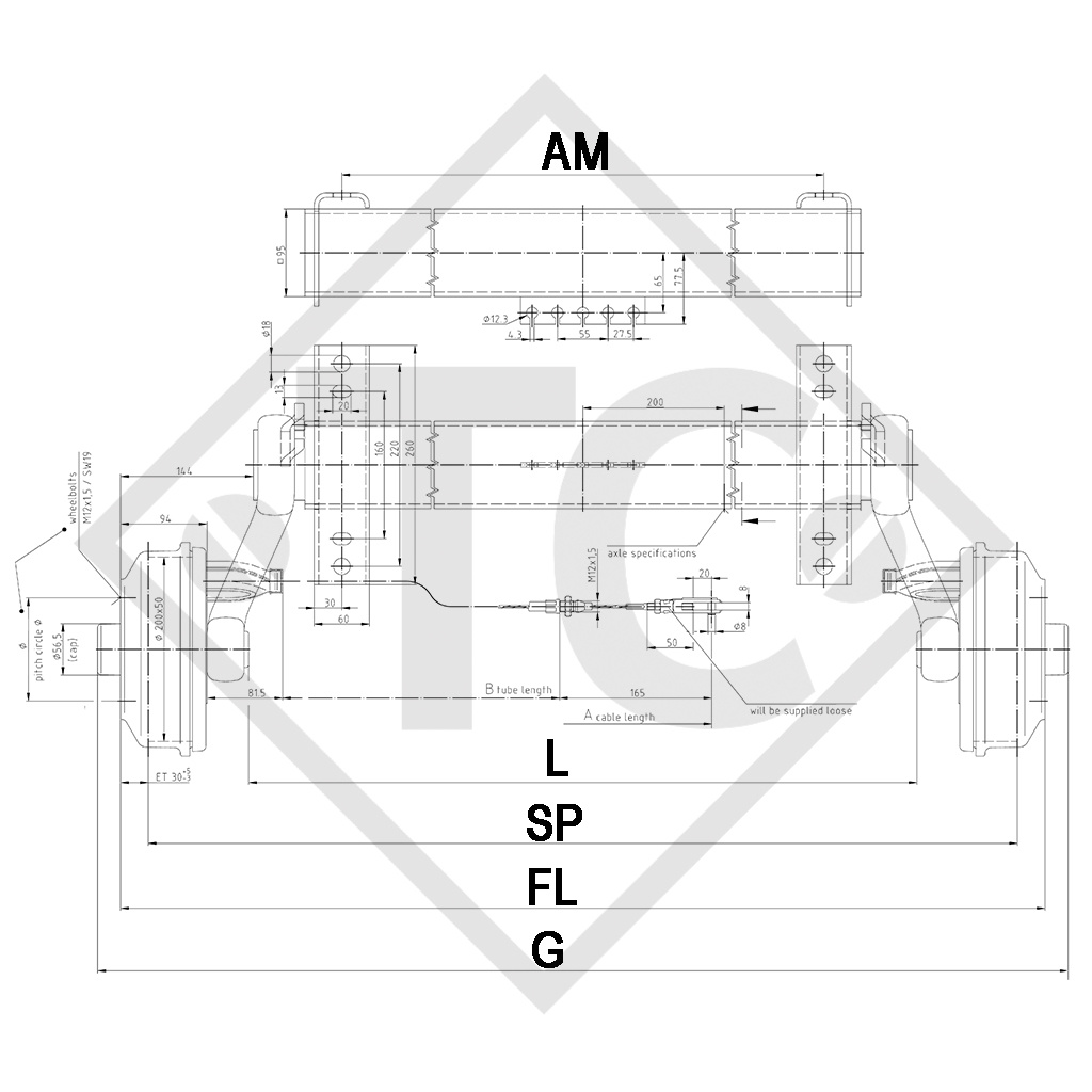 Assale frenato SWING 1500kg tipo di assale CB 1505, 46.27.379.065, 46.27.379.075