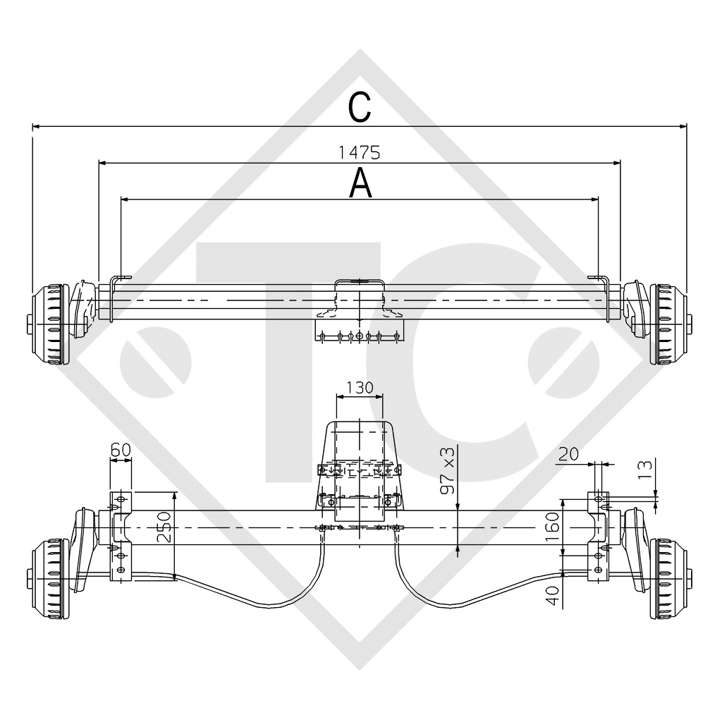 Essieu COMPACT 1350kg freiné type d'essieu B 1200-6 avec liaison 130mm, Lider