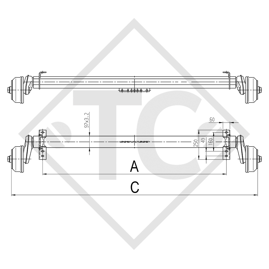 Eje con freno 1300kg EURO Compact  tipo de eje B 1200-5