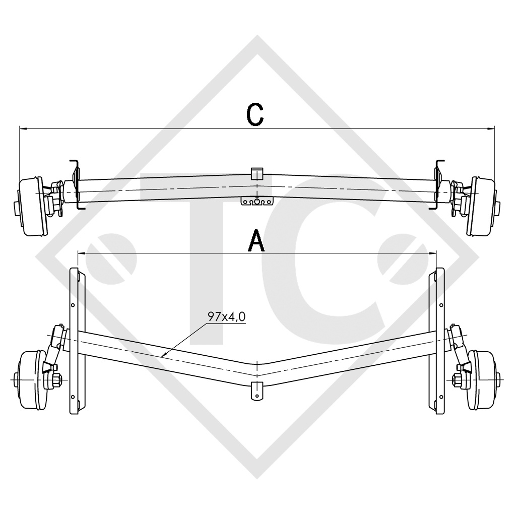 Achse gebremst 1700kg EURO1 Achstyp DELTA SIN 14-3 mit AAA (Automatische Nachstellung der Bremsbeläge)