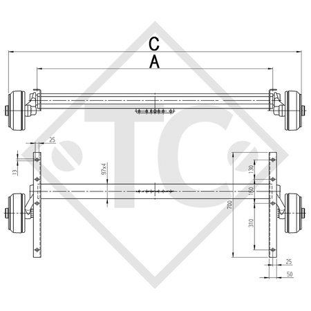 Essieu EURO Plus 1600kg freiné type d'essieu B 1600-1, Sigg