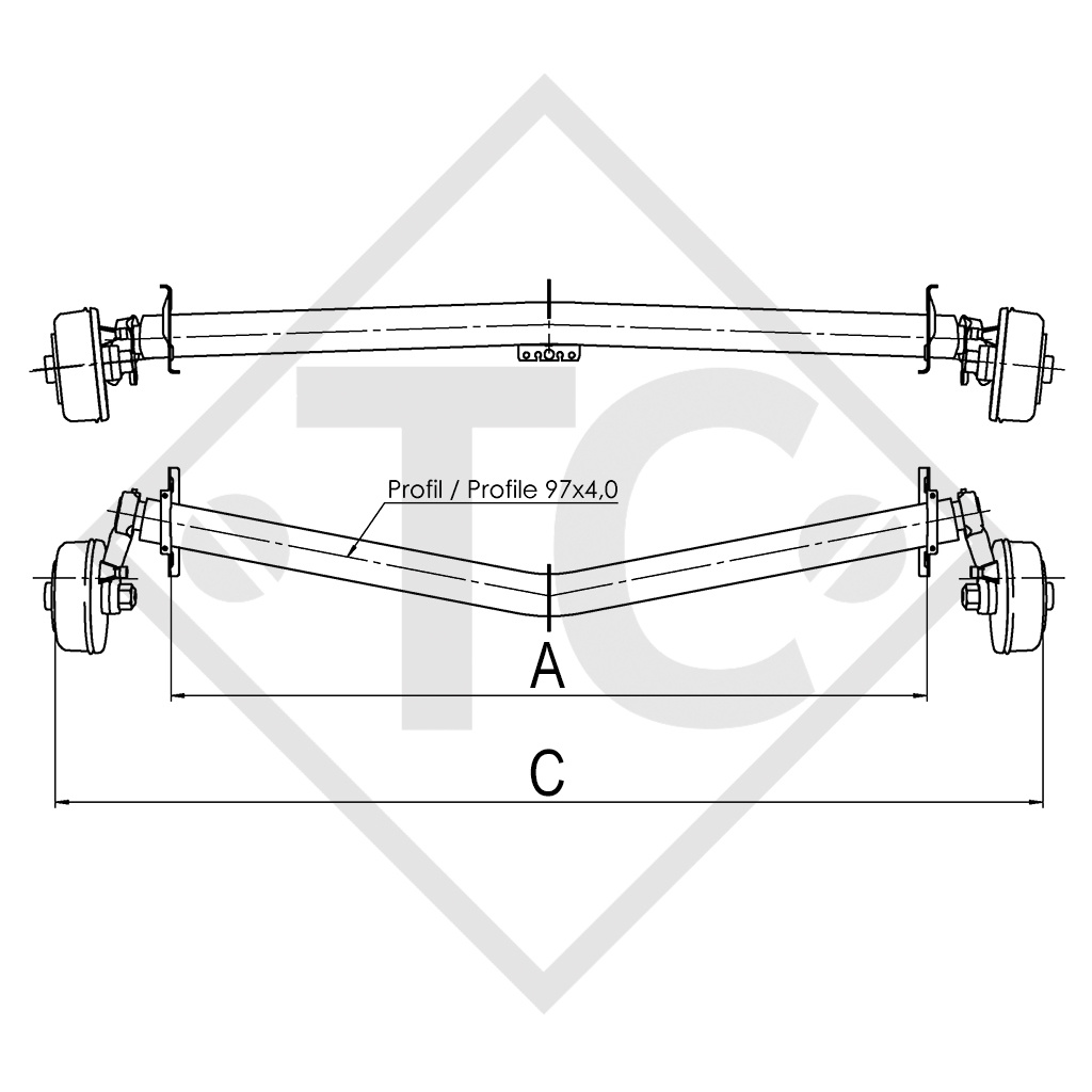 Achse gebremst 1700kg EURO1 Achstyp DELTA SI-N 14-3 mit AAA (Automatische Nachstellung der Bremsbeläge), KNAUS