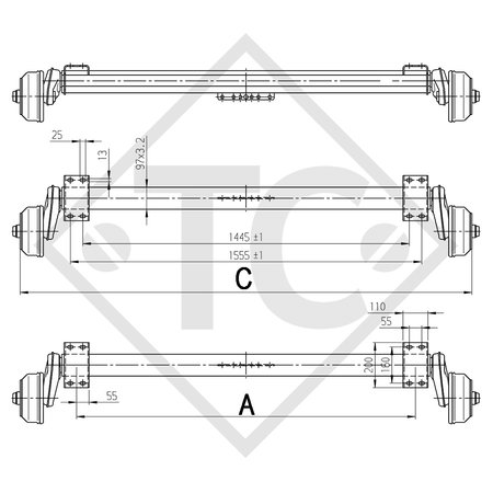 Eje con freno 1300kg EURO Compact tipo de eje B 1200-5, Ohlmeier