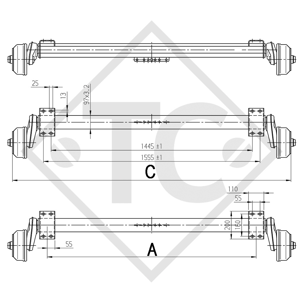 Achse gebremst 1300kg EURO Compact Achstyp B 1200-5, Ohlmeier