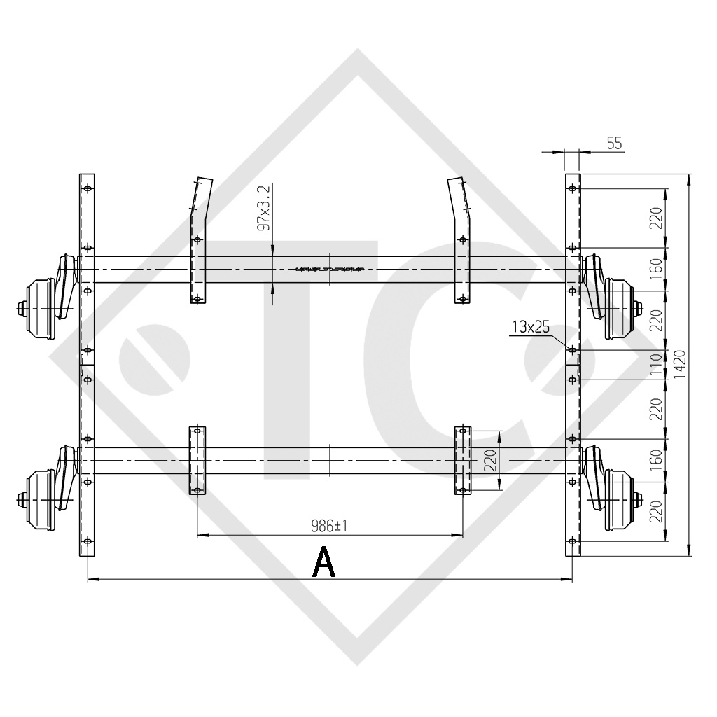 Gruppo tandema assale frenato 2500kg EURO COMPACT tipo di assale 2xB 1200-5, HUMBAUR