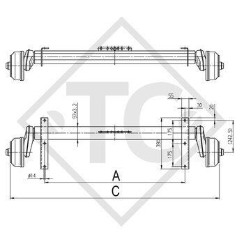 Braked axle 1300kg BASIC axle type B 1200-6 with tandem adapter bracket from top