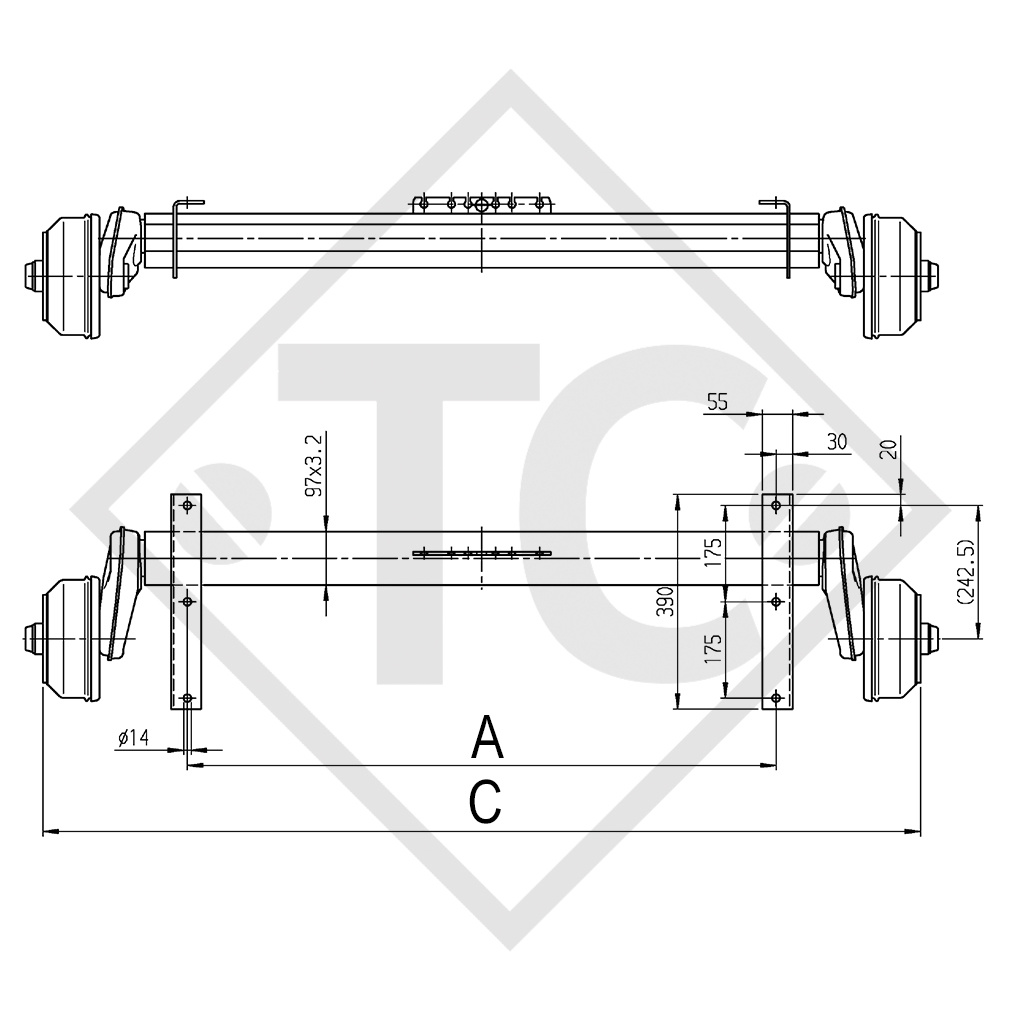 Braked axle 1300kg BASIC axle type B 1200-6 with tandem adapter bracket from top