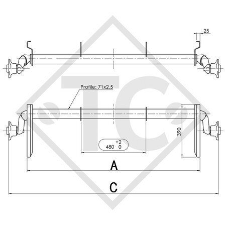 Essieu OPTIMA 750kg non freiné type d'essieu 700-5 avec liaison et brides hautes
